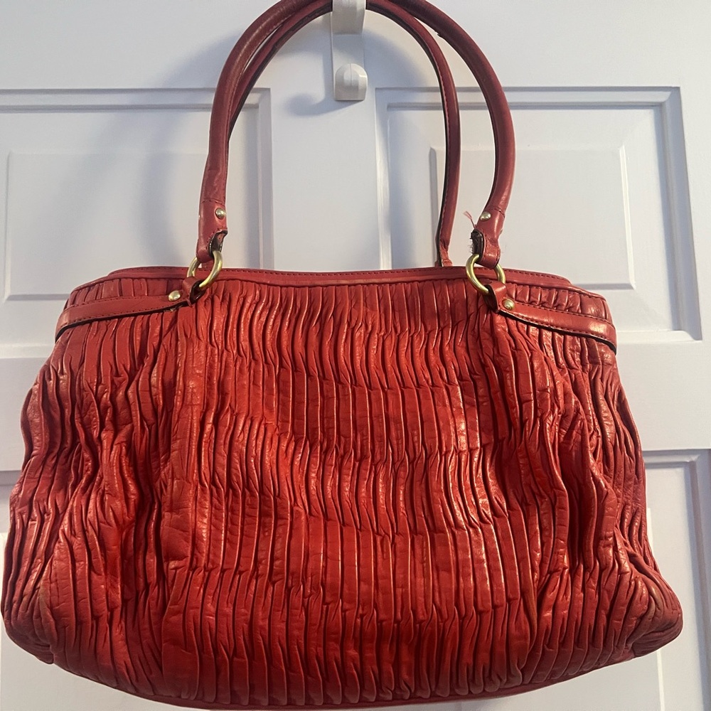 Coach Madison Kara gathered leather satchel in coral